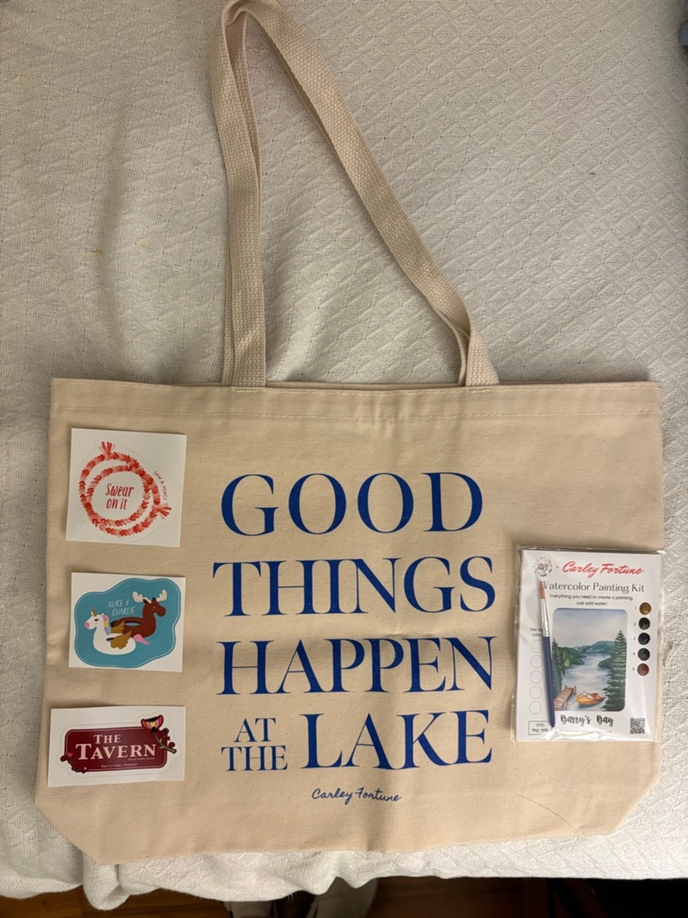 Carley Fortune Good Things Happen at the Lake Tote with book stickers and more